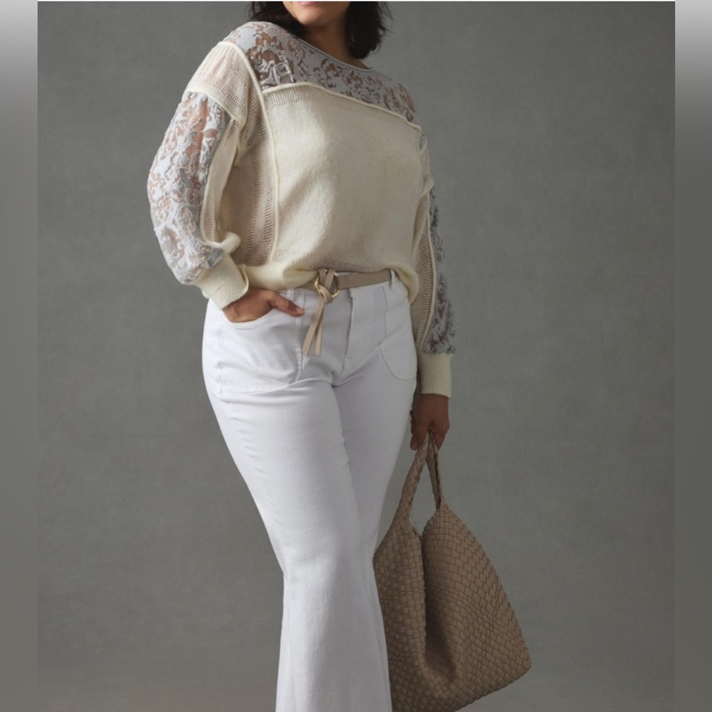 ANTHROPOLOGIE Plus 1X Ivory Pewter Balloon Sleeve Wool Blend Boho Lace Sweater - Picture 2 of 16